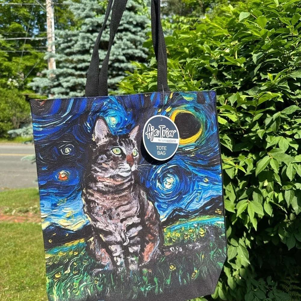 Starry Night Grey Tabby Cat  Tote Bag NWT